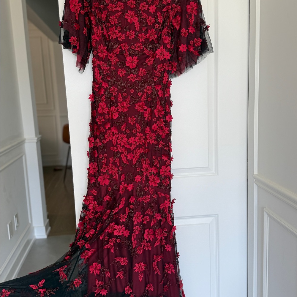 Theia Red and Black Flutter Sleeve Gown